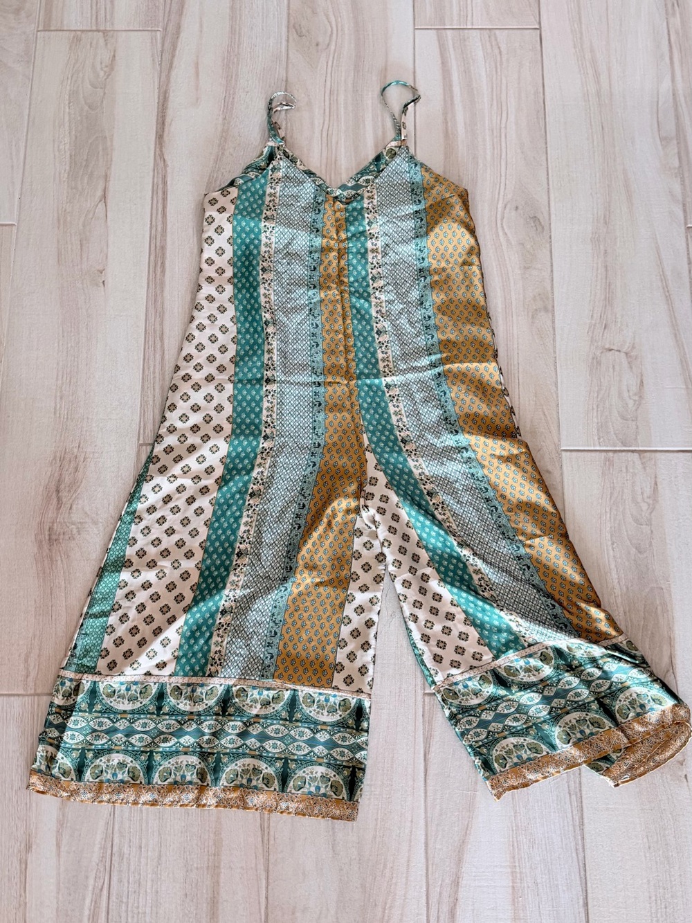 Vici Teal & Gold Striped Hobo Satin Jumpsuit